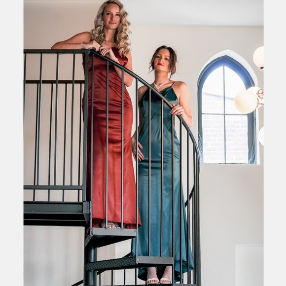 60442 Satin Gown in Merlot and Peacock color - Picture 1 of 10